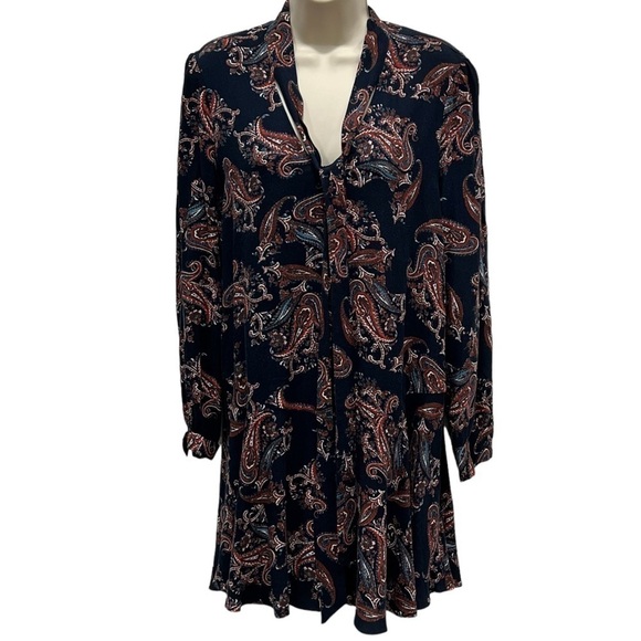 Ella Moss Navy Paisley Long Sleeve Tie Neck Mini Dress Small - Picture 1 of 10
